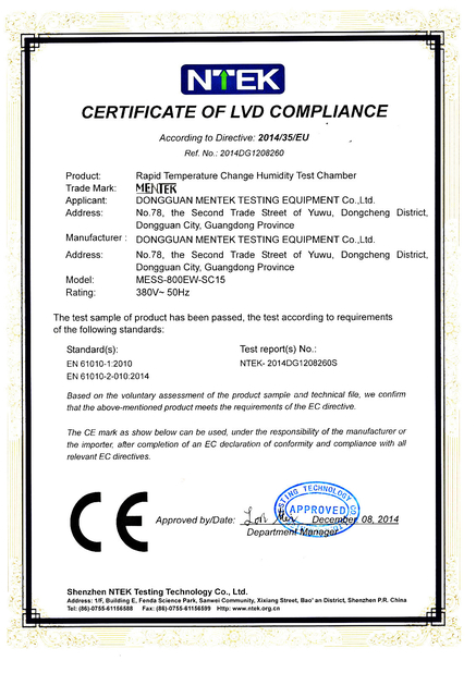 Китай Dongguan MENTEK Testing Equipment Co.,Ltd Сертификаты